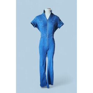 Project/Rebel Stretch Denim Jumpsuit Womens Flare Leg Blue Zip Short Sleeve Sz M
